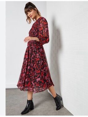 Mango Red and Pink Floral Midi Dress